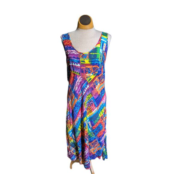 Vtg 1990s Jams World Colorful Geometric Patterned Basque Waist Midi Sun Dress L - Picture 2 of 4